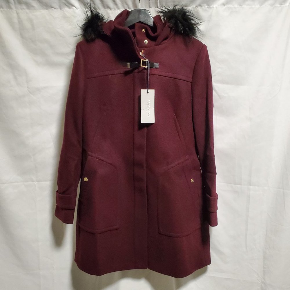 Cole Haan Women's Wool Duffle Coat with Faux Fur Trimmed Hood | 10 | NWT